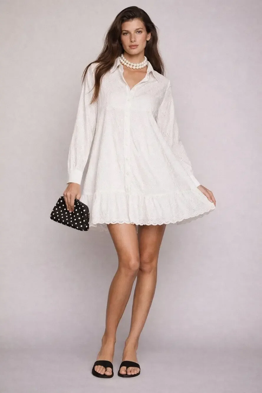 NWT River Island UK White Cotton Ruffle Eyelet Button-Up Mini Dress UK 14 US 10 - Picture 1 of 11